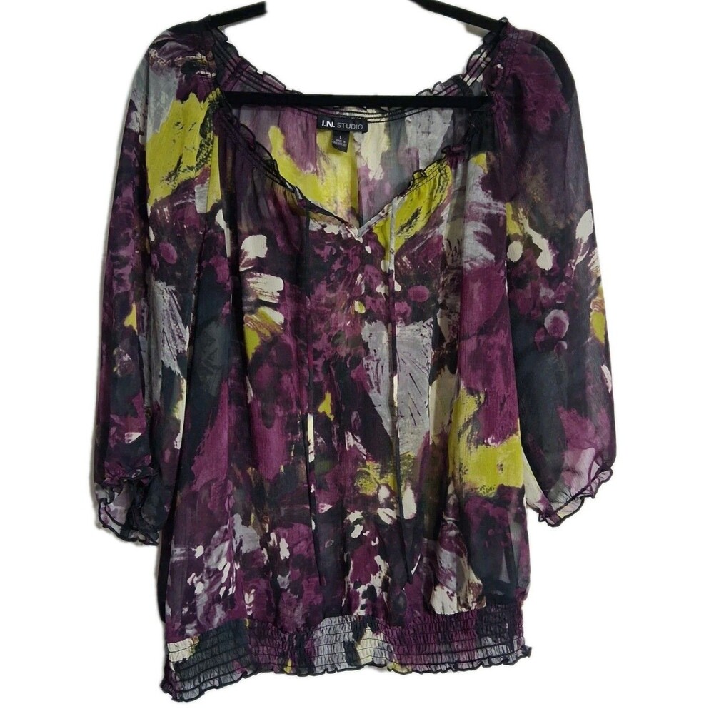 Women's I.N. Studio Sheer 3/4 Sleeve Blouse Top Size L